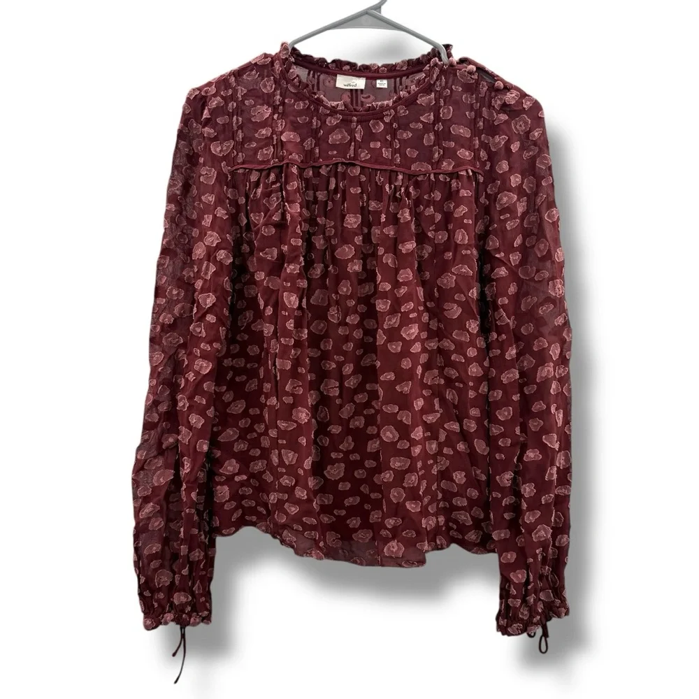 Aritzia‎ Wilfred Lourdes Burgundy Dot Print Tie Long Sleeve Top Sz XS